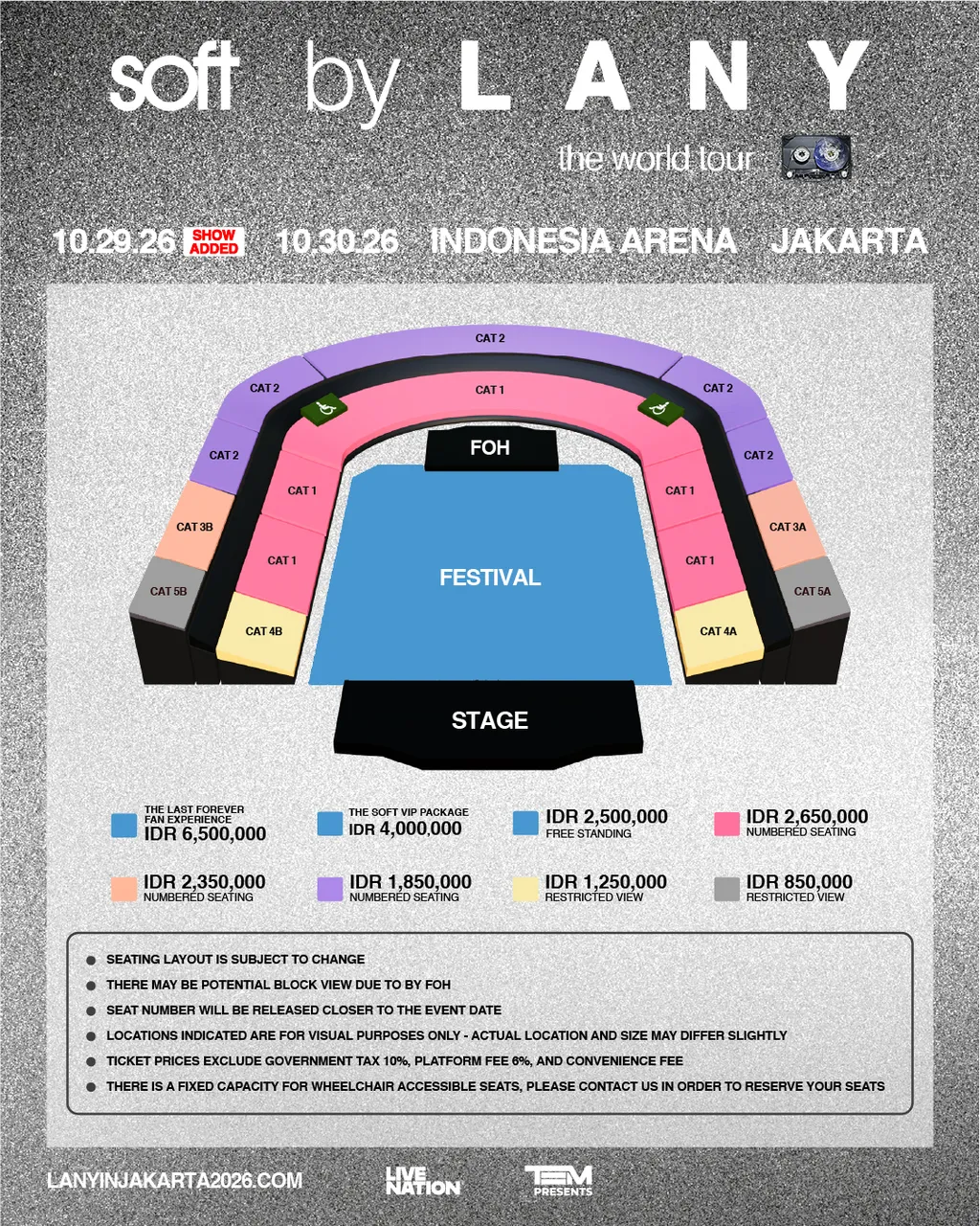 Seatmap dan kategori harga LANY Jakarta 2026 di Indonesia Arena